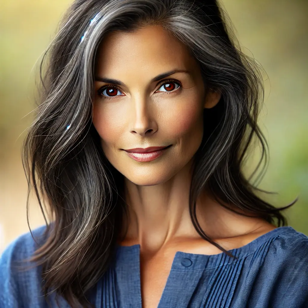 Woman with dark brown eyes, long grey hair, in a blue shirt.