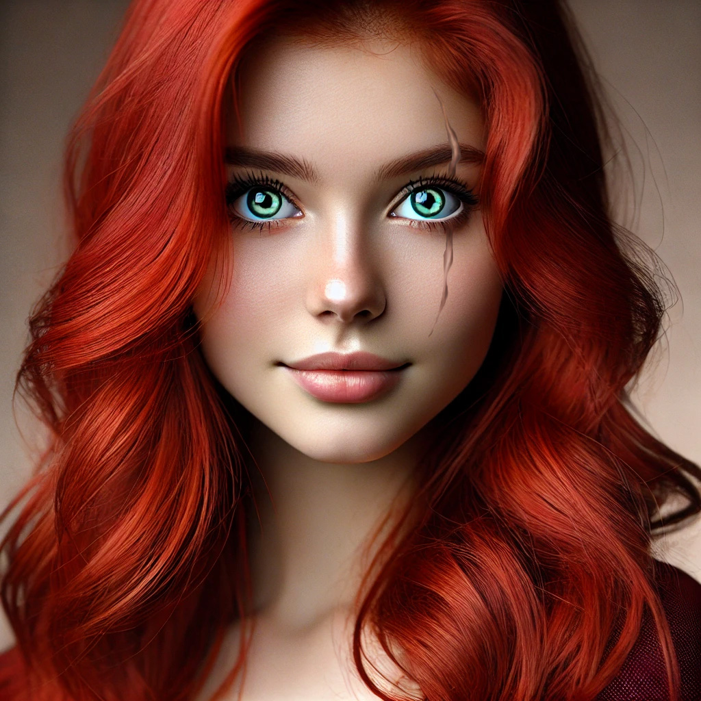 Young woman with bright red hair and piercing blue eyes.