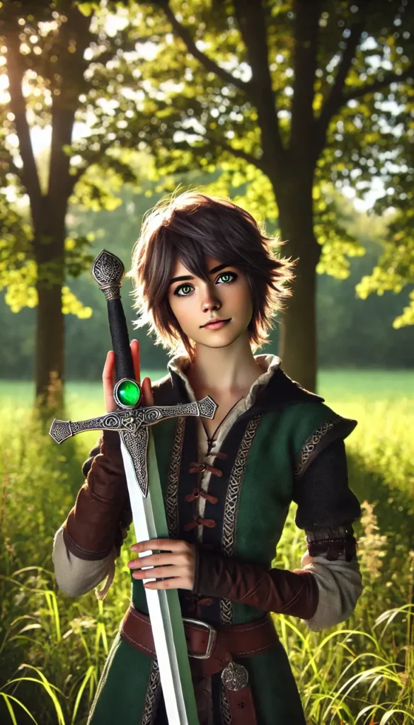Young girl with short brown hair, holding a sword with a green stone embedded into it.