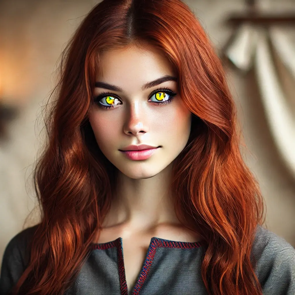 Red haired woman with striking yellow eyes.