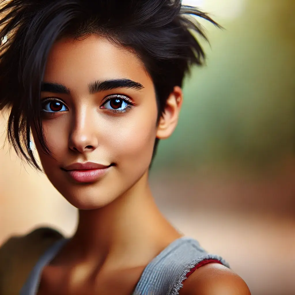 Girl with dark short hair and a faint smile wearing a grey tank top.